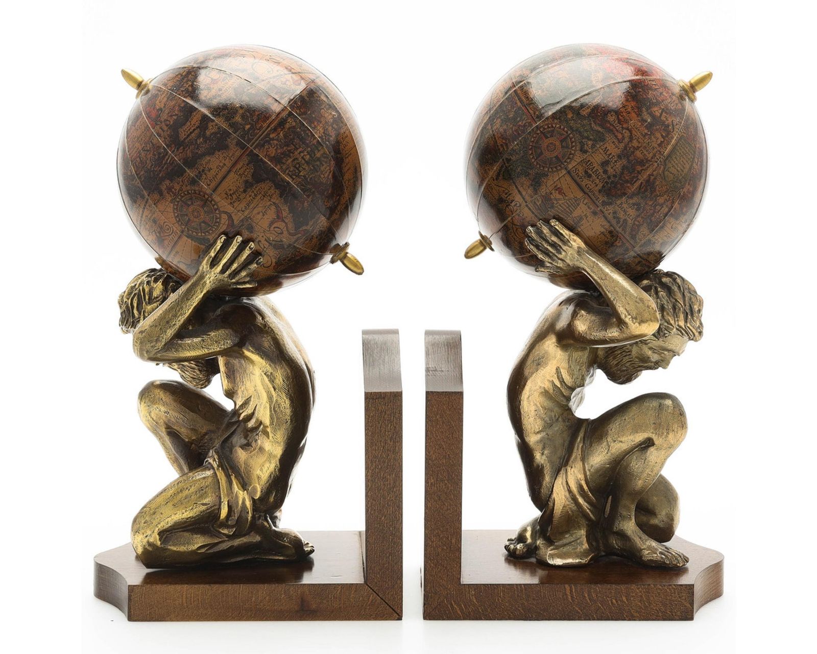 photo for sale Pair Of 20th Century Atlas Globe Bookends Bronze & Wood Figurine Of Book Holders