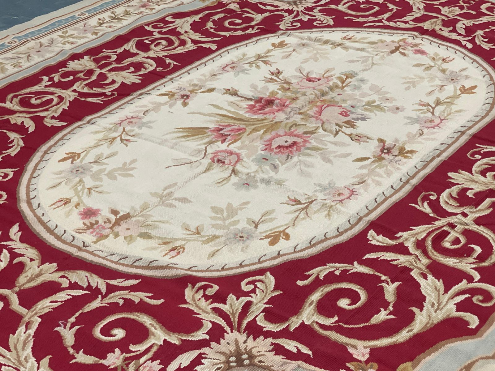 Red Beige Aubusson Rug French Traditional Carpet Handwoven Floral Needlepoint photo for sale