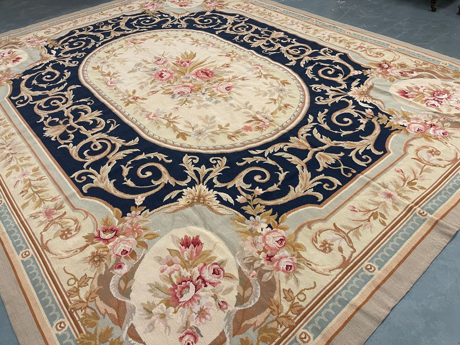 Traditional Aubusson Rug Handwoven Carpet Navy Blue Wool Needlepoint Home Decor photo furniture