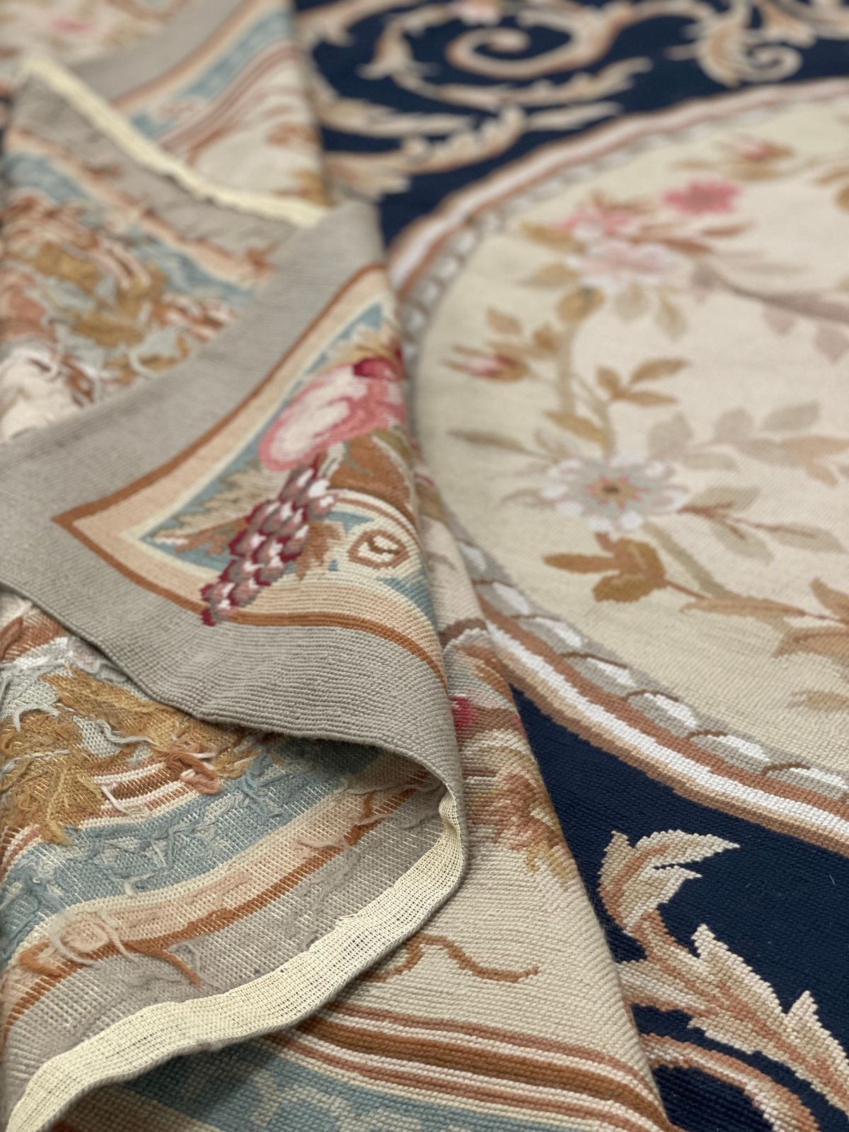 photo furniture Traditional Aubusson Rug Handwoven Carpet Navy Blue Wool Needlepoint Home Decor