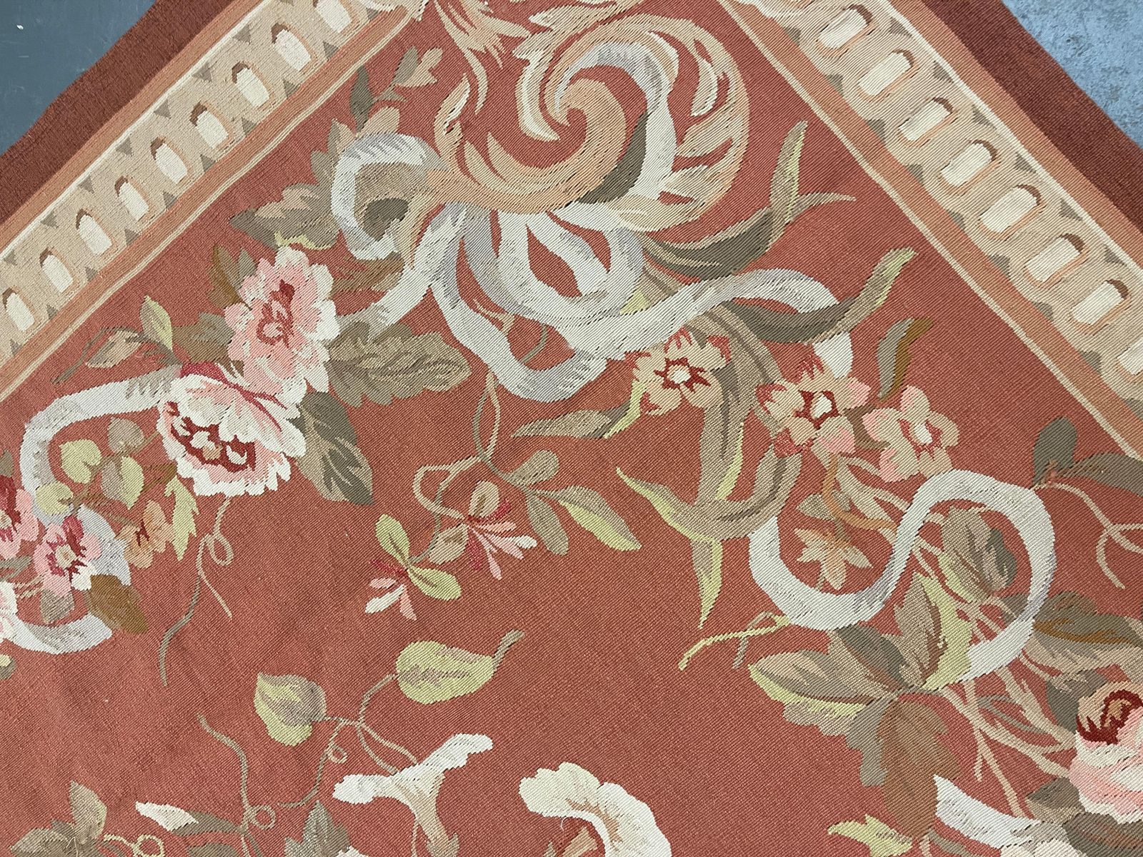 Rust Brown Carpet Aubusson Square Rug Handwoven Wool Needlepoint Livingroom Rug photo vintage