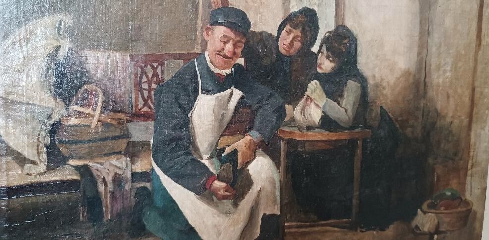 Antique Oil Painting On Canvas, Italian School, 19th Century, "The Shoemaker" photo Art