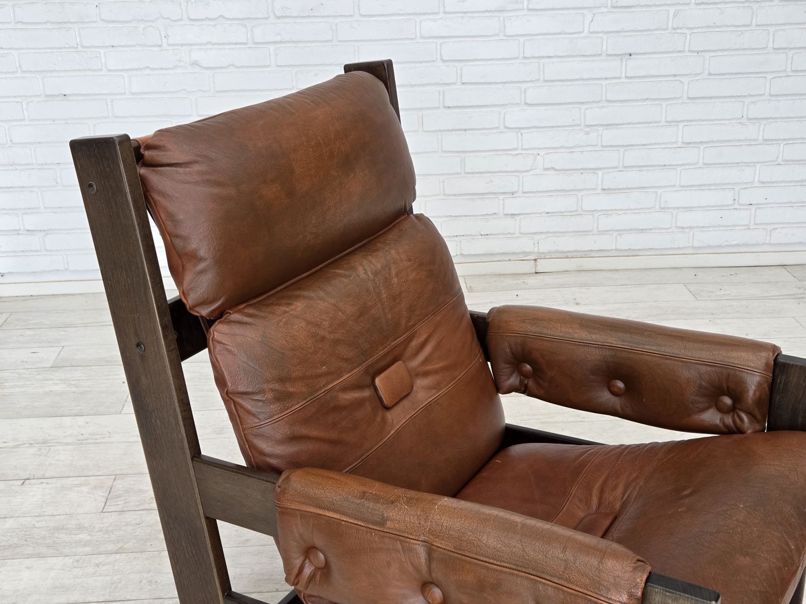 1970s, Scandinavian Armchair, Furniture Leather, Canvas, Oak Wood. photo for sale