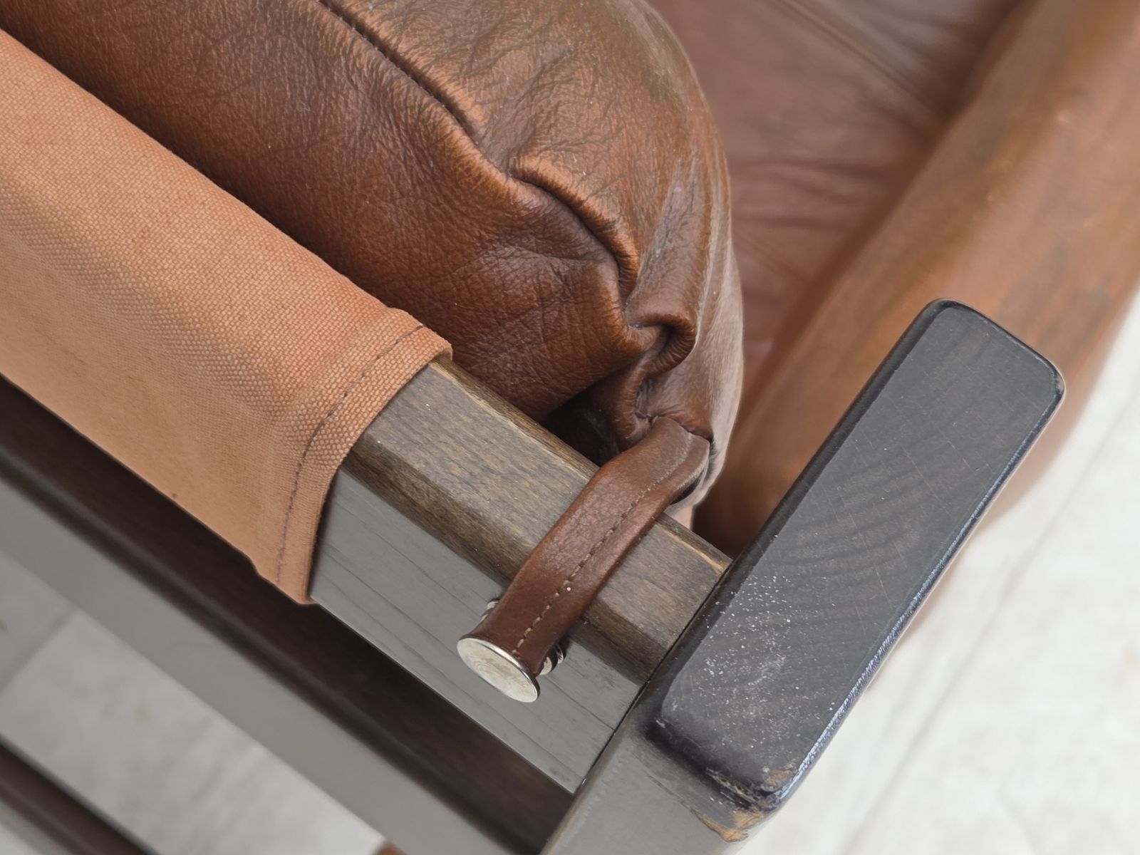 photo buy 1970s, Scandinavian Armchair, Furniture Leather, Canvas, Oak Wood.