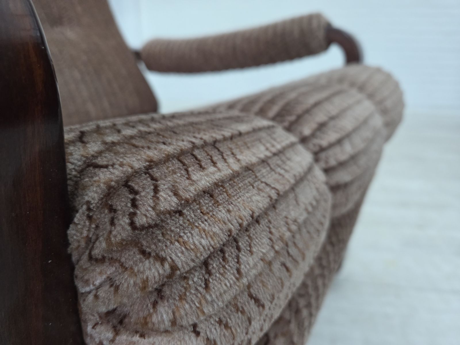 1970s, Danish Armchair, Light Brown Furniture Corduroy, Dark Beech Wood. photo for sale