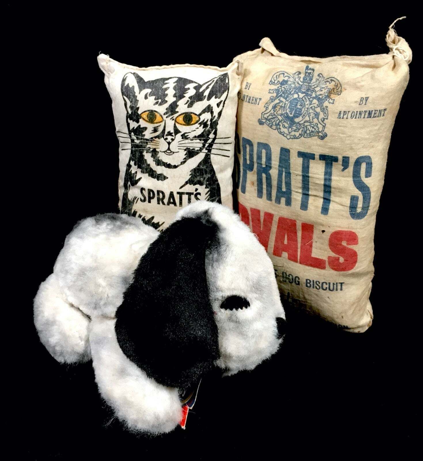 Antique Advertising Chad Valley Spratt's Cuddly Dog Toy & Food Bag Cushions