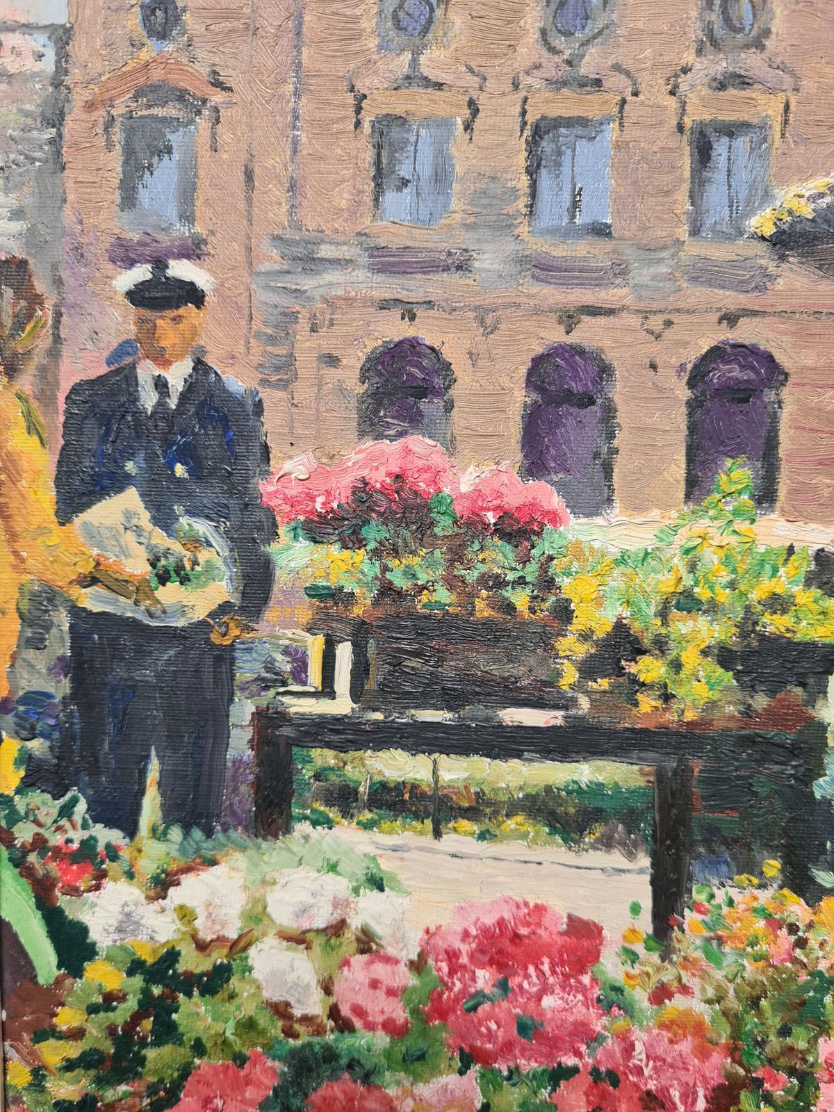 1960s Framed Romantic Oil Painting Of The Flower Market And Theatre De Cherbourg Byj Lietard photo 836.0