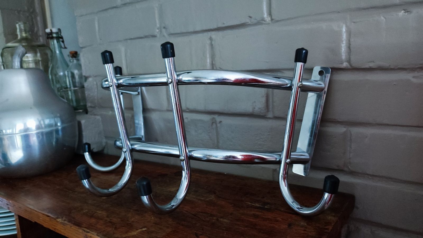 340.0 Vintage French Chrome Coat Rack Mid Century Industrial Wall Hanging Rack With Hooks photo
