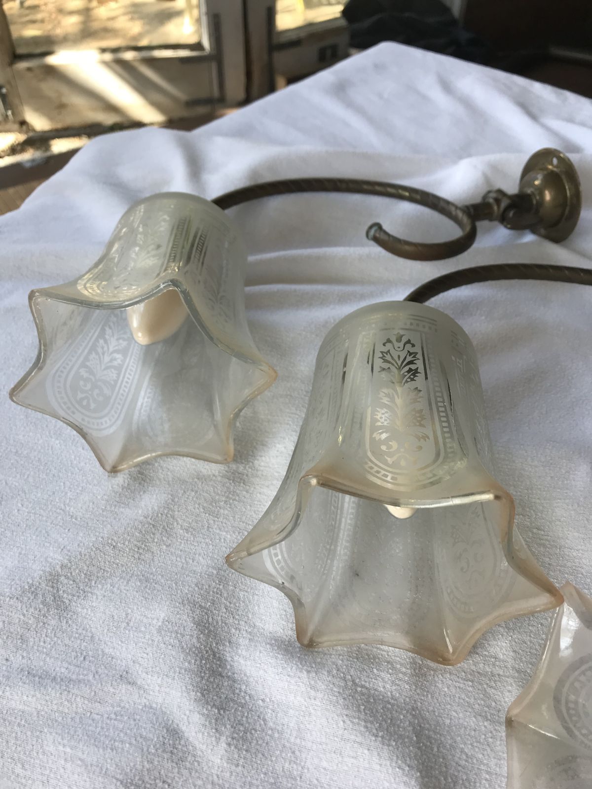 Antique Brass Converted Wall Lights X 4 With X 4 Filigree Scalloped Shape Shades, The Dimensions Below Are Approximate photo furniture