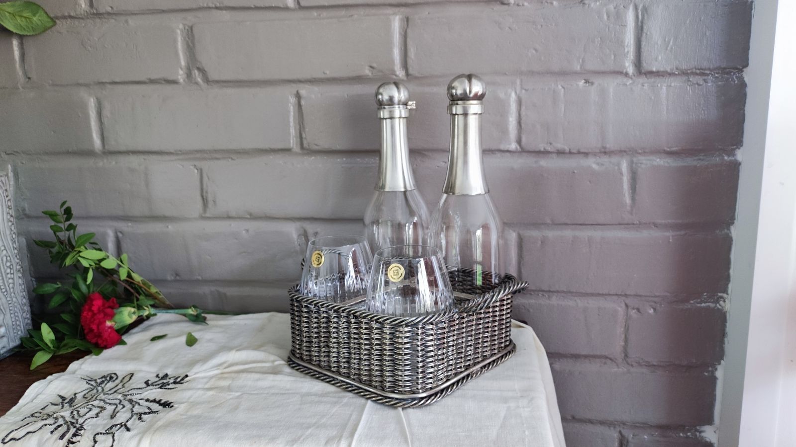 1680.0 Victorian Silver Plated Decanter Set In Basket With Glasses photo