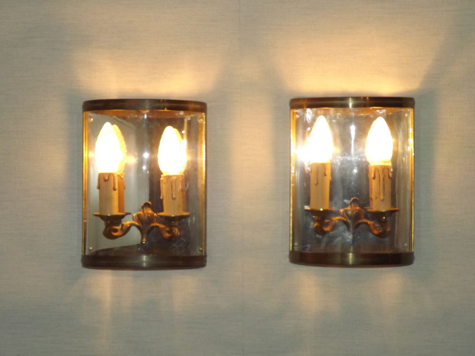 Pair Of French Mid Century Double Brass And Chrome Wall Sconces With Half Round Glass Fronts
