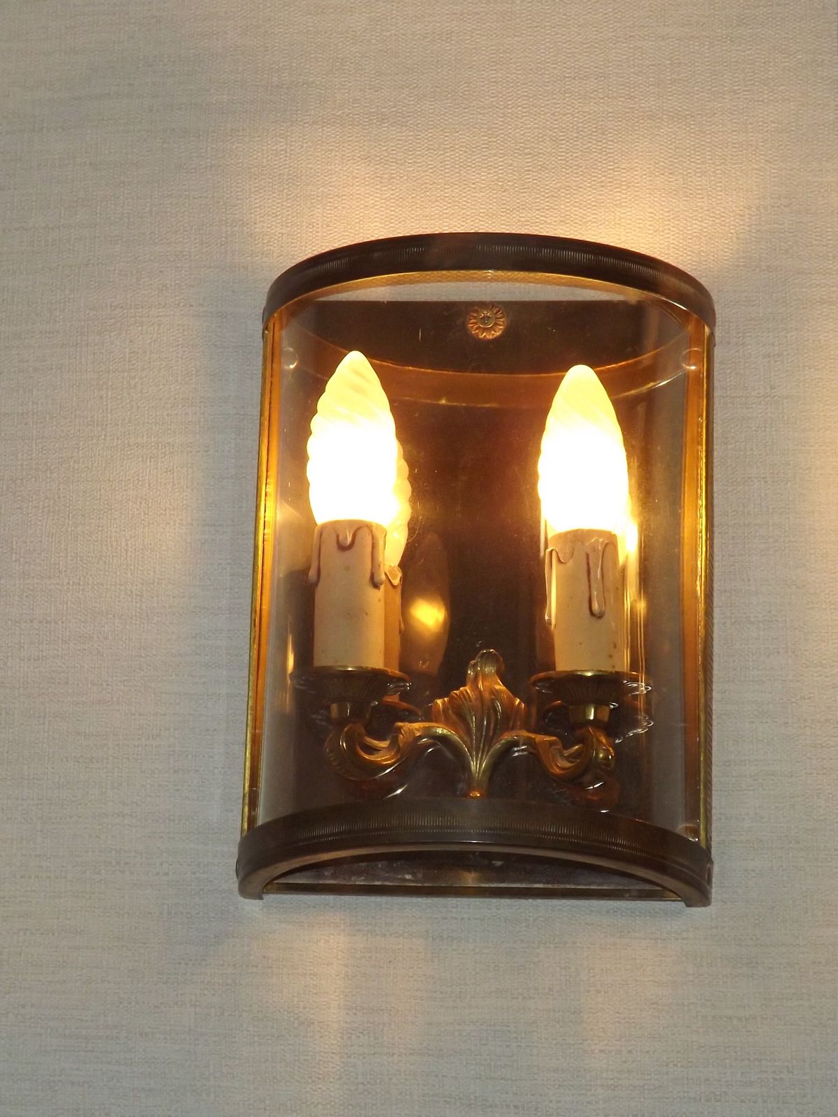 Pair Of French Mid Century Double Brass And Chrome Wall Sconces With Half Round Glass Fronts photo vintage