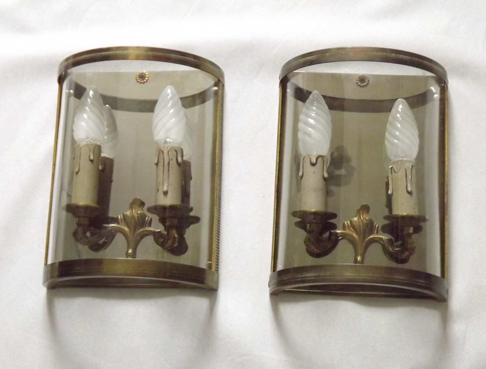 Pair Of French Mid Century Double Brass And Chrome Wall Sconces With Half Round Glass Fronts photo vinterior