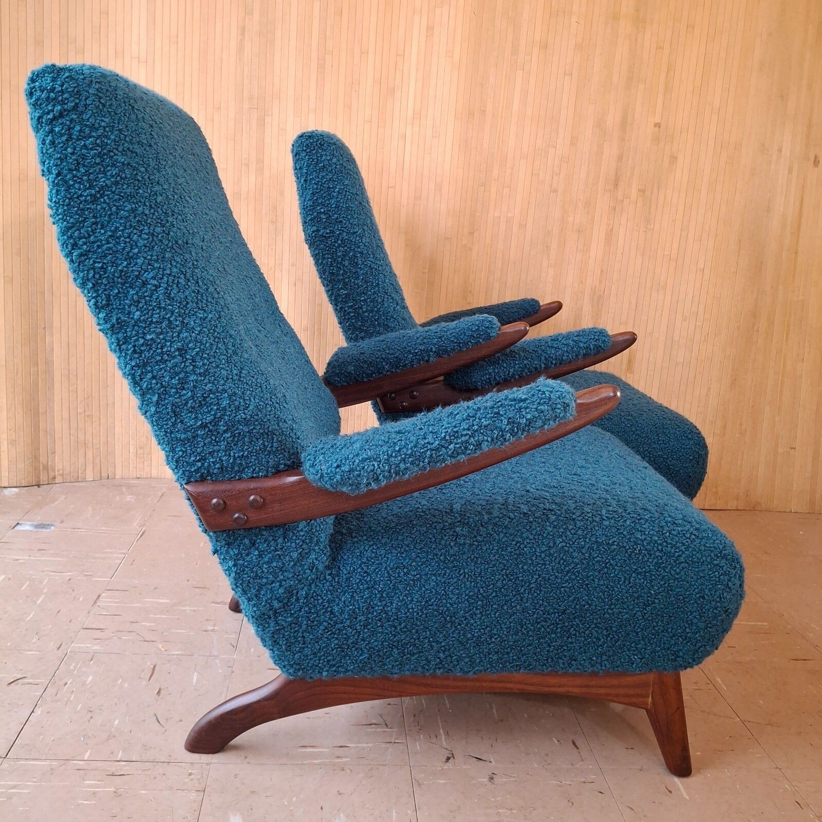 Fab Vintage Pair Greaves & Thomas Teak Lounge Armchairs & Footstools Designers Guild Boucle photo for sale
