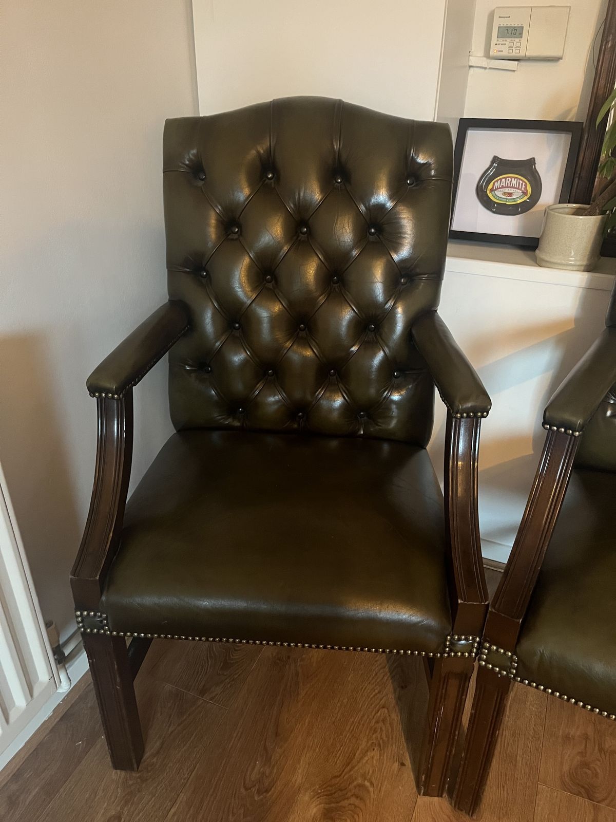 #2 Exceptional Vintage Dark Green Leather Gainsborough Carver Armchair With Classic Chesterfield Buttoning photo furniture