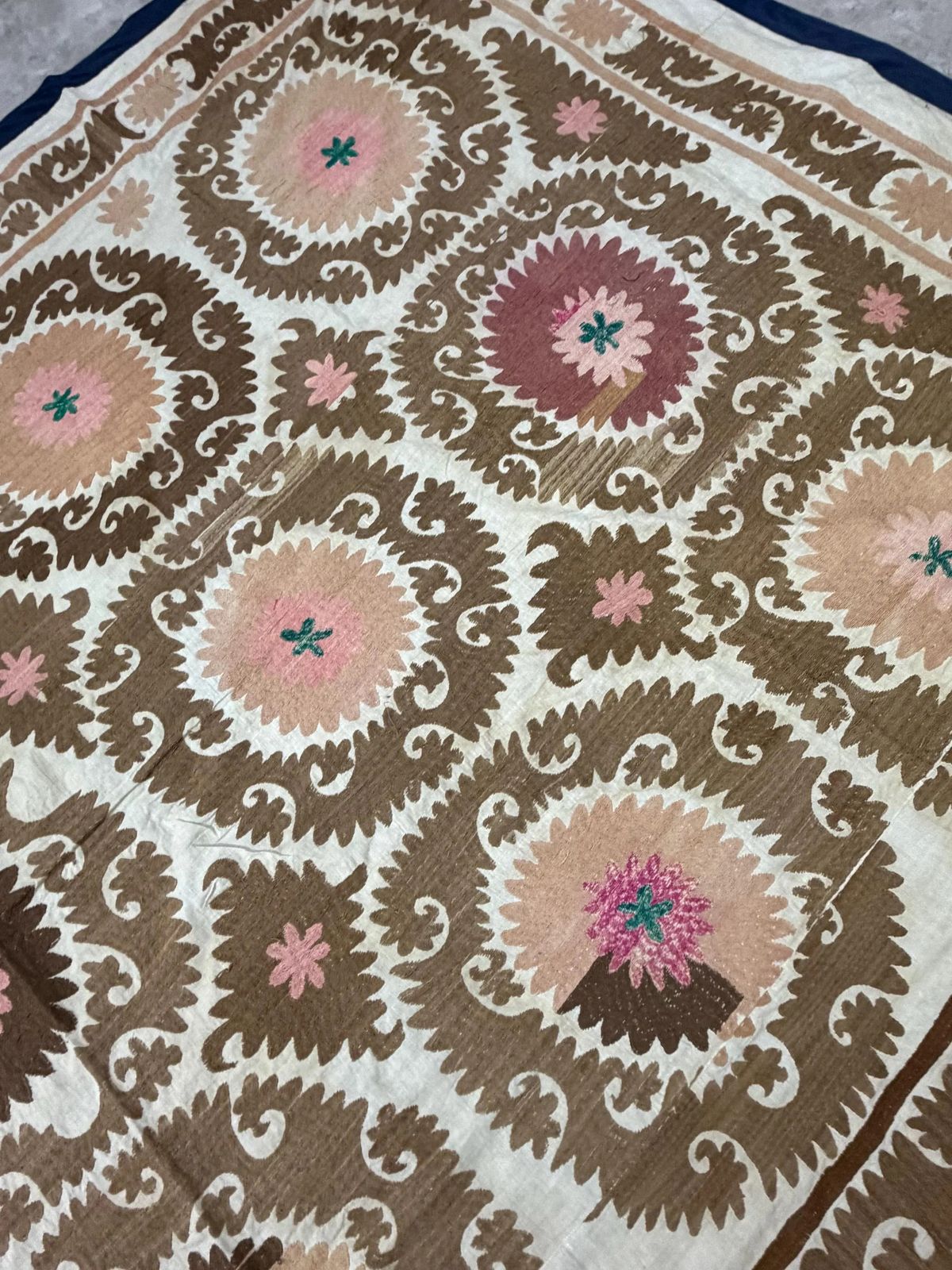 Vintage Uzbek Suzani Rug, Warm Camel Brown & Muted Rose, Hand Embroidered Textile photo Textiles