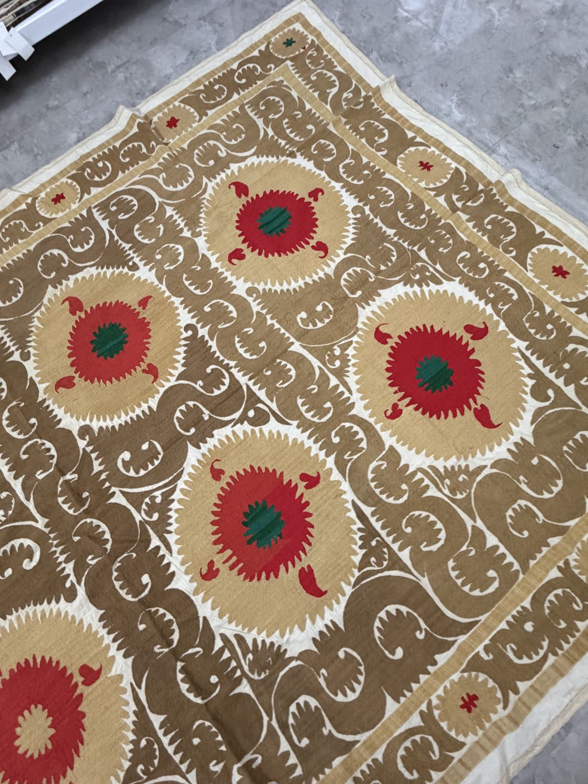 Vintage Uzbek Suzani Textile, Camel Brown, Coral Red & Emerald Green Medallions Bedspread photo 500.0
