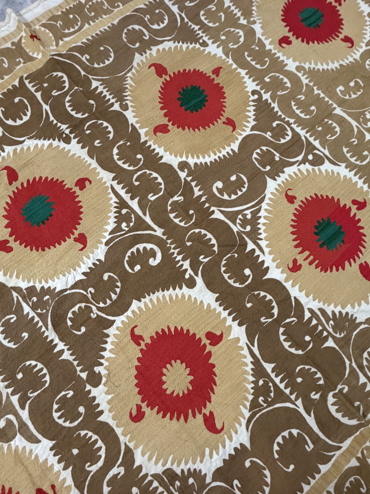 photo for sale Vintage Uzbek Suzani Textile, Camel Brown, Coral Red & Emerald Green Medallions Bedspread