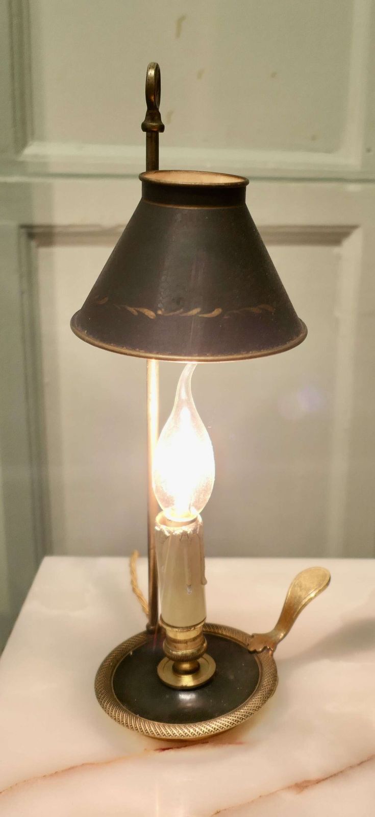 French Green And Gold Toleware And Brass Candle Lamp A Lovely Piece