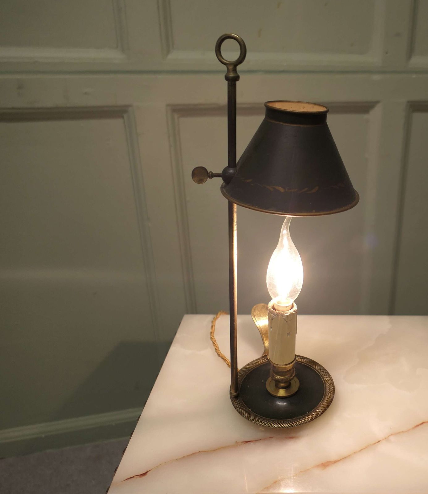 French Green And Gold Toleware And Brass Candle Lamp A Lovely Piece photo for sale
