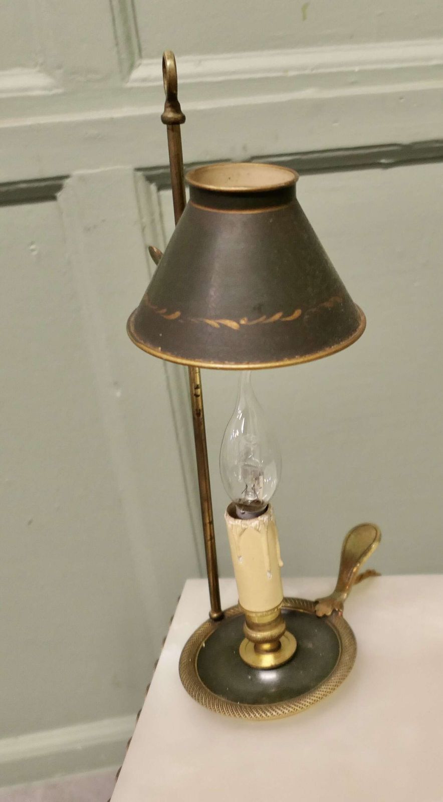 French Green And Gold Toleware And Brass Candle Lamp A Lovely Piece photo 570.0