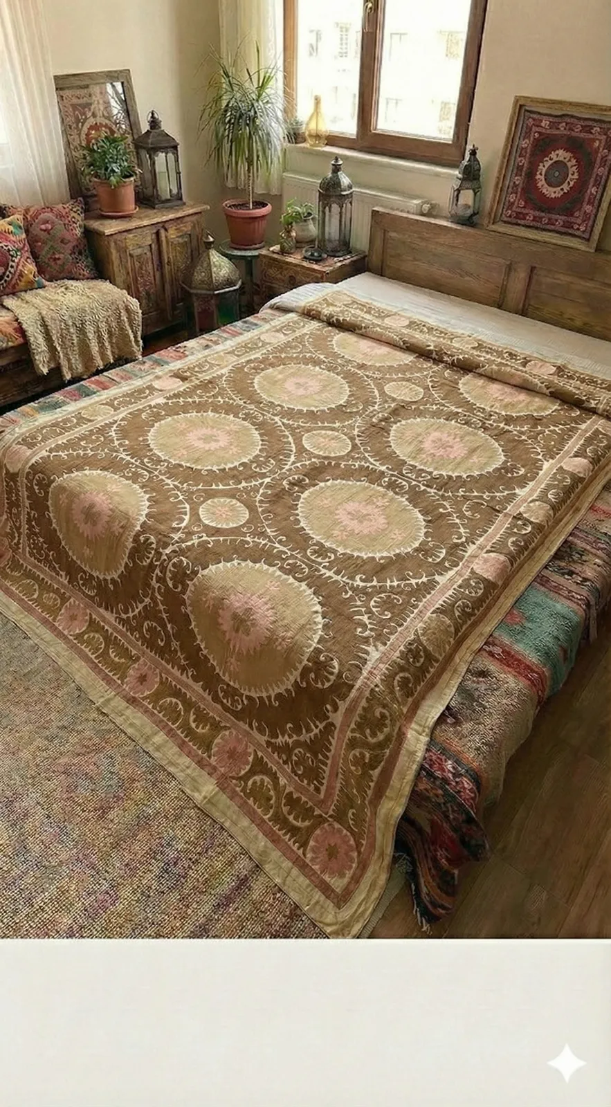 Large Cotton Suzani From Samarkand Uzbekistan, 1930s Suzani Terracotta Wall Hanging Tapestry   Neutral Uzbek Bedspread photo furniture
