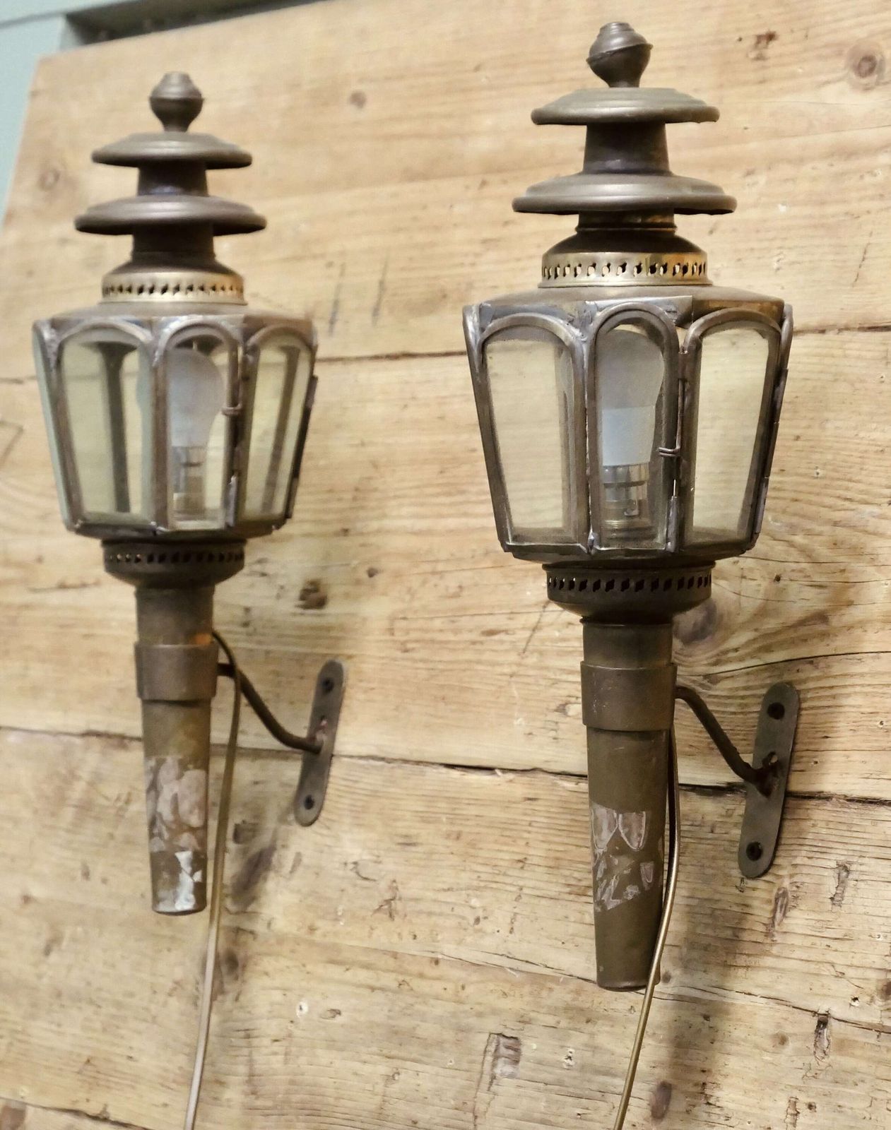 A Pair Of French Brass Carriage Lamps, Wall Lanterns An Original Pair photo vinterior