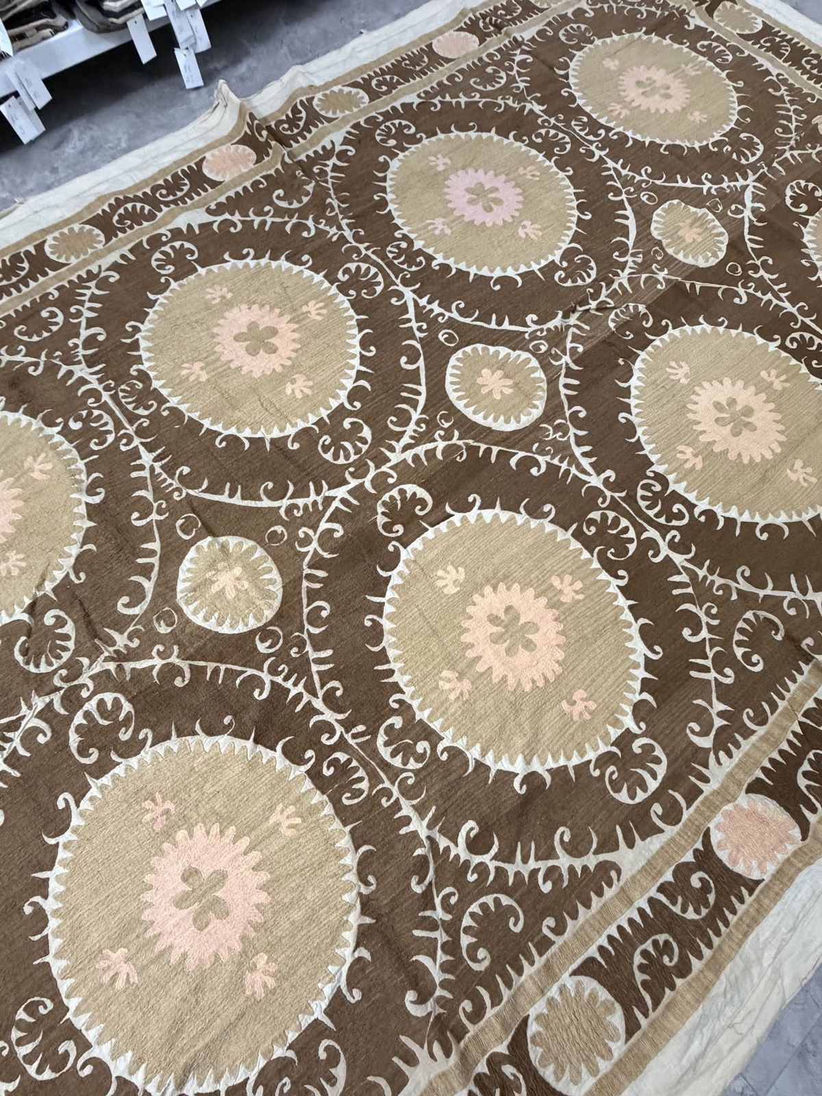 Textiles Large Cotton Suzani From Samarkand Uzbekistan, 1930s Suzani Terracotta Wall Hanging Tapestry   Neutral Uzbek Bedspread photo