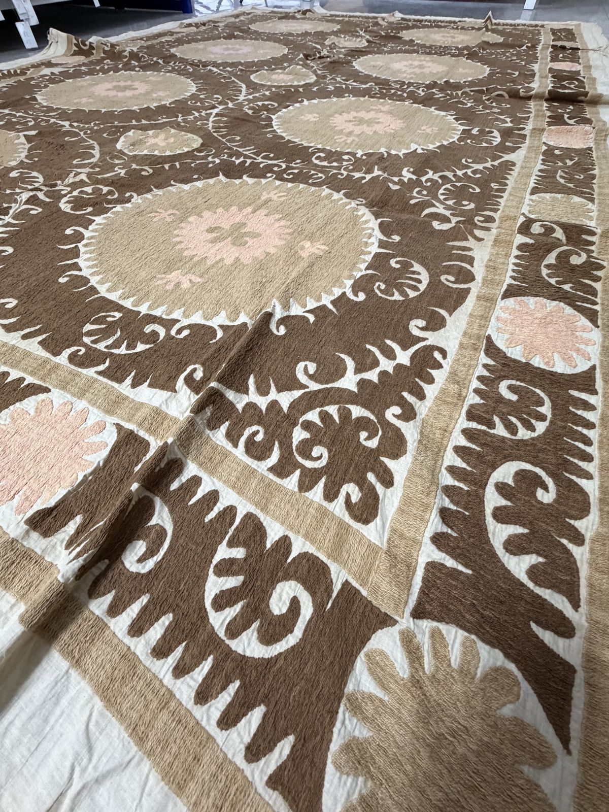 500.0 Large Cotton Suzani From Samarkand Uzbekistan, 1930s Suzani Terracotta Wall Hanging Tapestry   Neutral Uzbek Bedspread photo