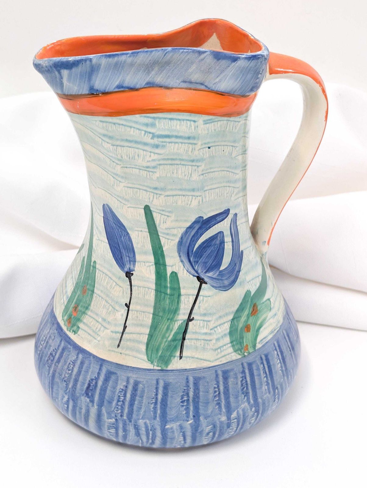 1930’s Hand Painted Pinch Neck Jug, Pitcher Or Vase In Blue Tulip Design, Made By The Myott Pottery Of Stoke On Trent, England.
