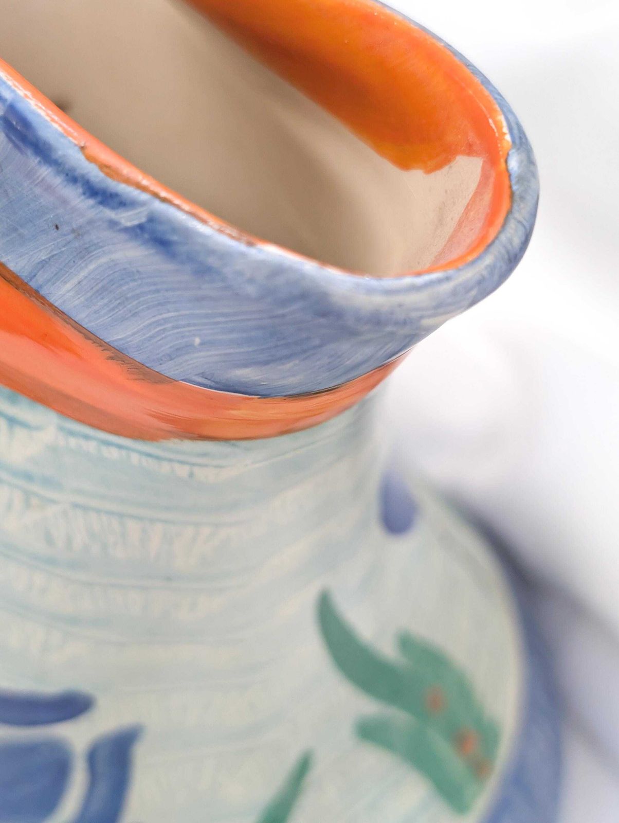 1930’s Hand Painted Pinch Neck Jug, Pitcher Or Vase In Blue Tulip Design, Made By The Myott Pottery Of Stoke On Trent, England. photo vintage