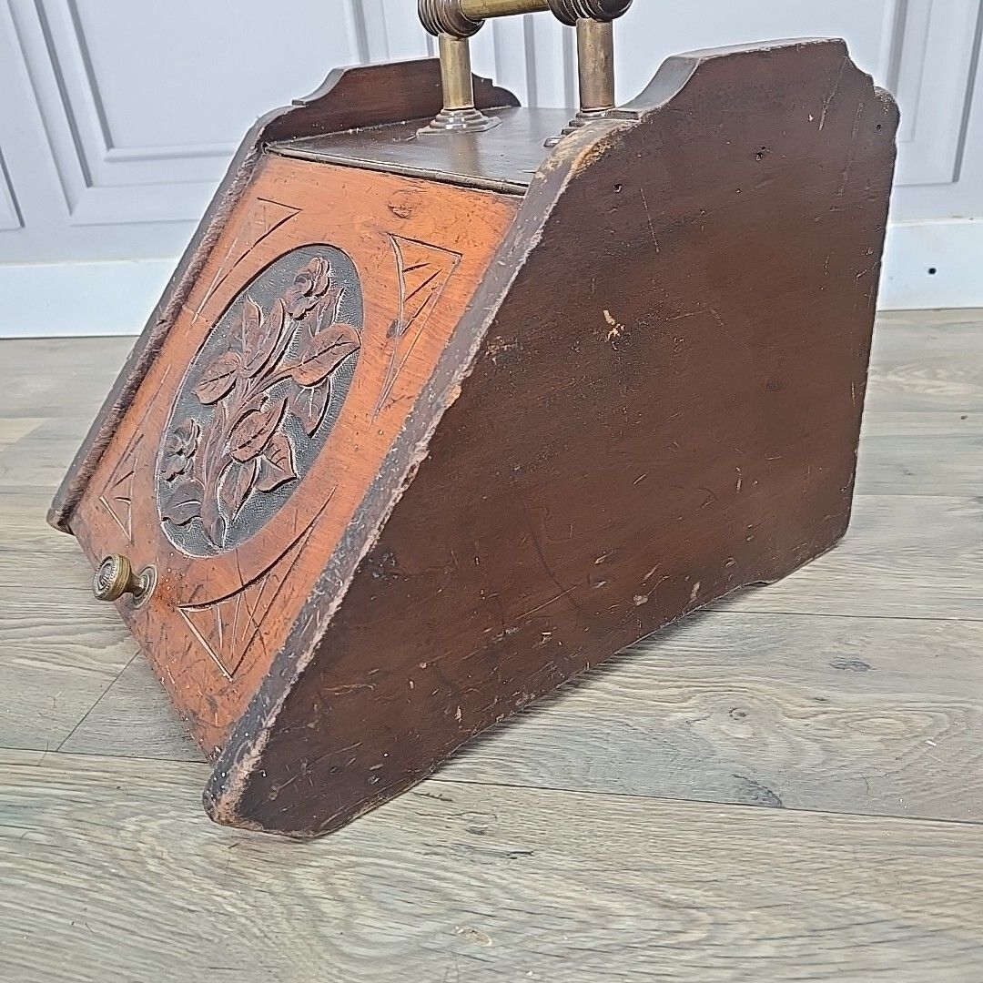 photo for sale Antique Edwardian Coal Scuttle Box Wooden Fireside Carved Storage Brass Retro