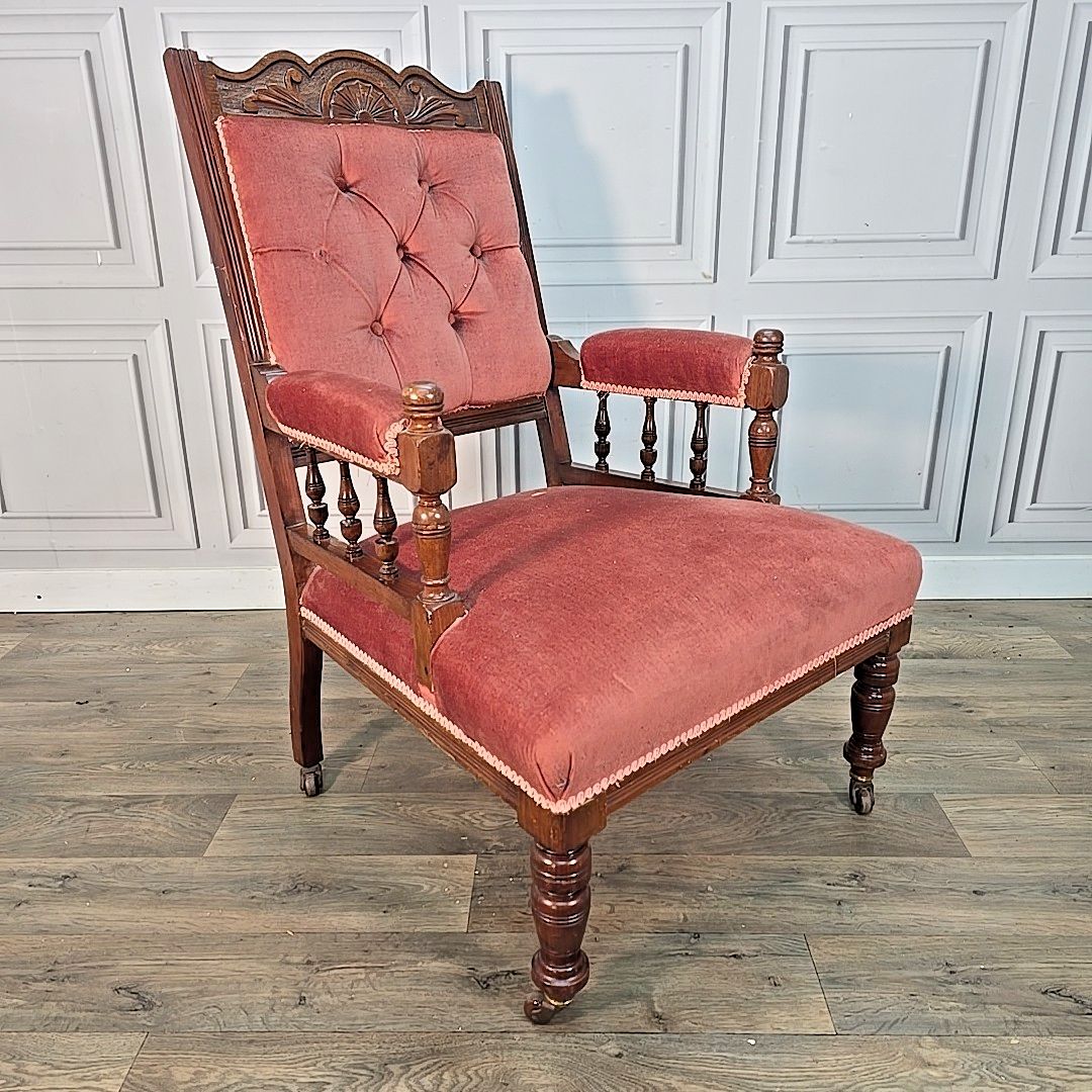 Antique Upholstered Armchair – Carved Mahogany Frame – Velvet Chair Edwardian