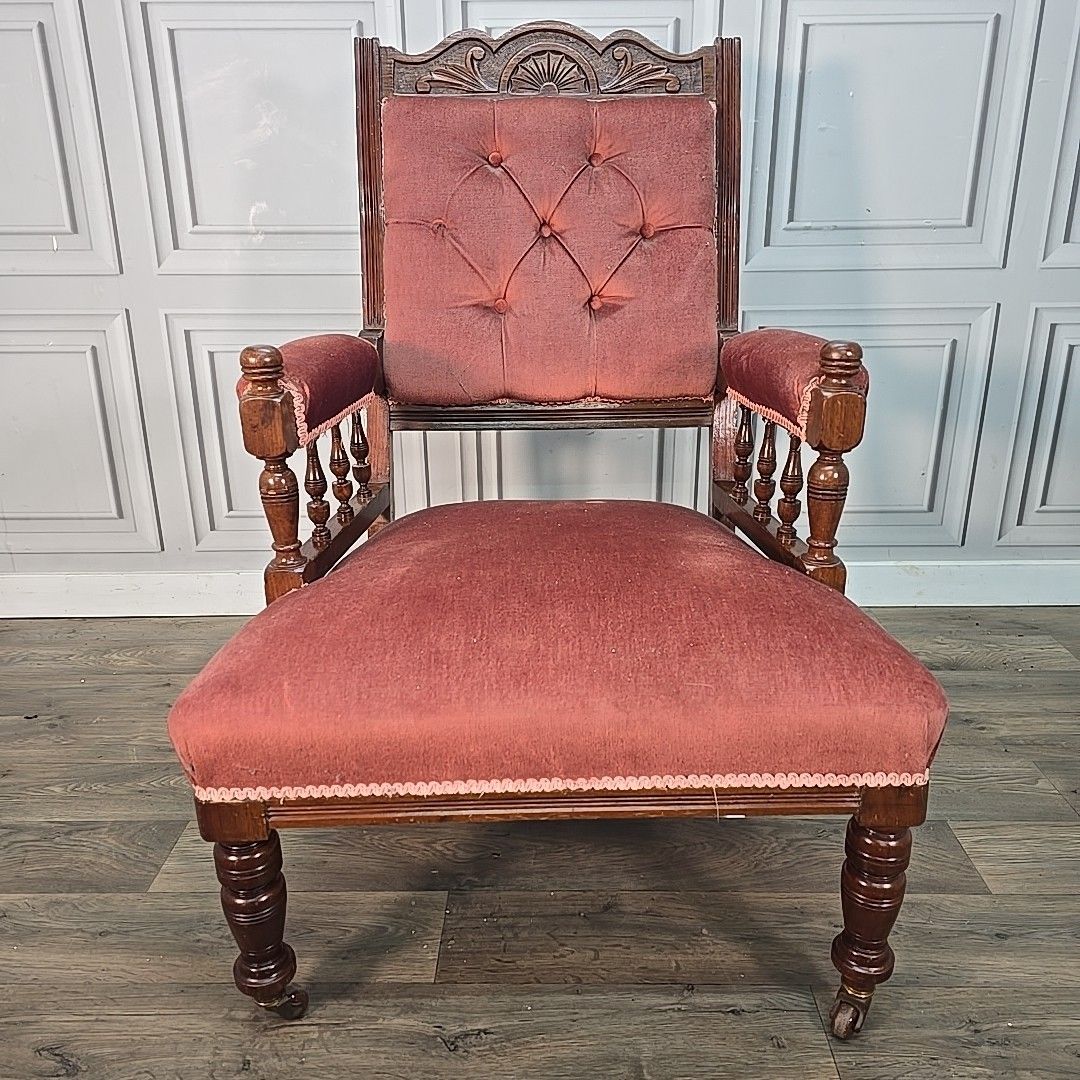 Antique Upholstered Armchair – Carved Mahogany Frame – Velvet Chair Edwardian photo Furniture