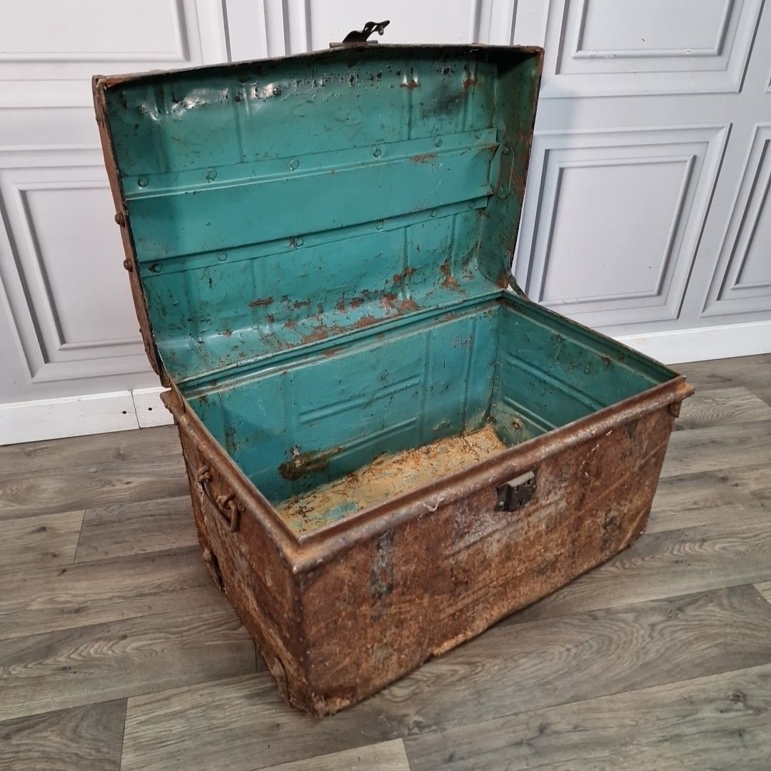 Furniture Antique Metal Trunk – Rustic Industrial Chest – Distressed Storage / Planter photo