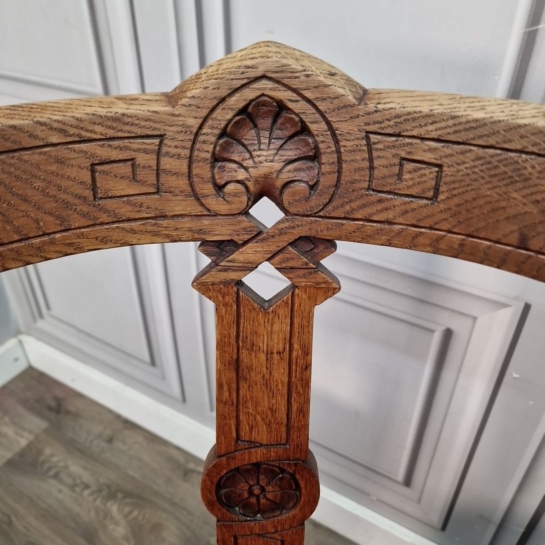 Pair Antique Oak Chairs – Carved Gothic Revival – Solid Wood Velvet Dining Hall photo 260.0