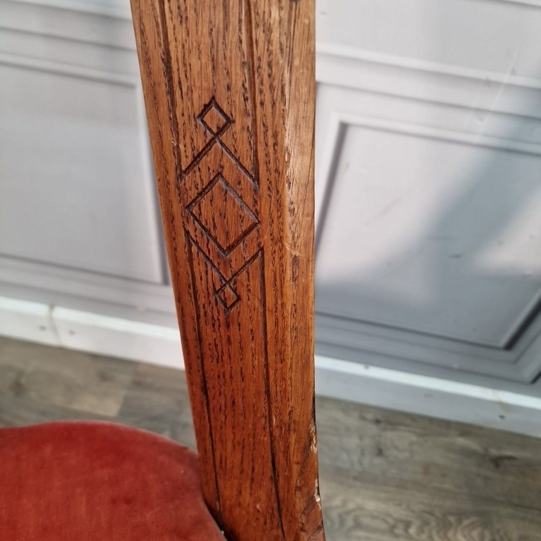 Pair Antique Oak Chairs – Carved Gothic Revival – Solid Wood Velvet Dining Hall photo vinterior