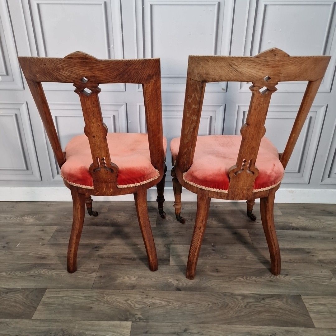 photo buy Pair Antique Oak Chairs – Carved Gothic Revival – Solid Wood Velvet Dining Hall