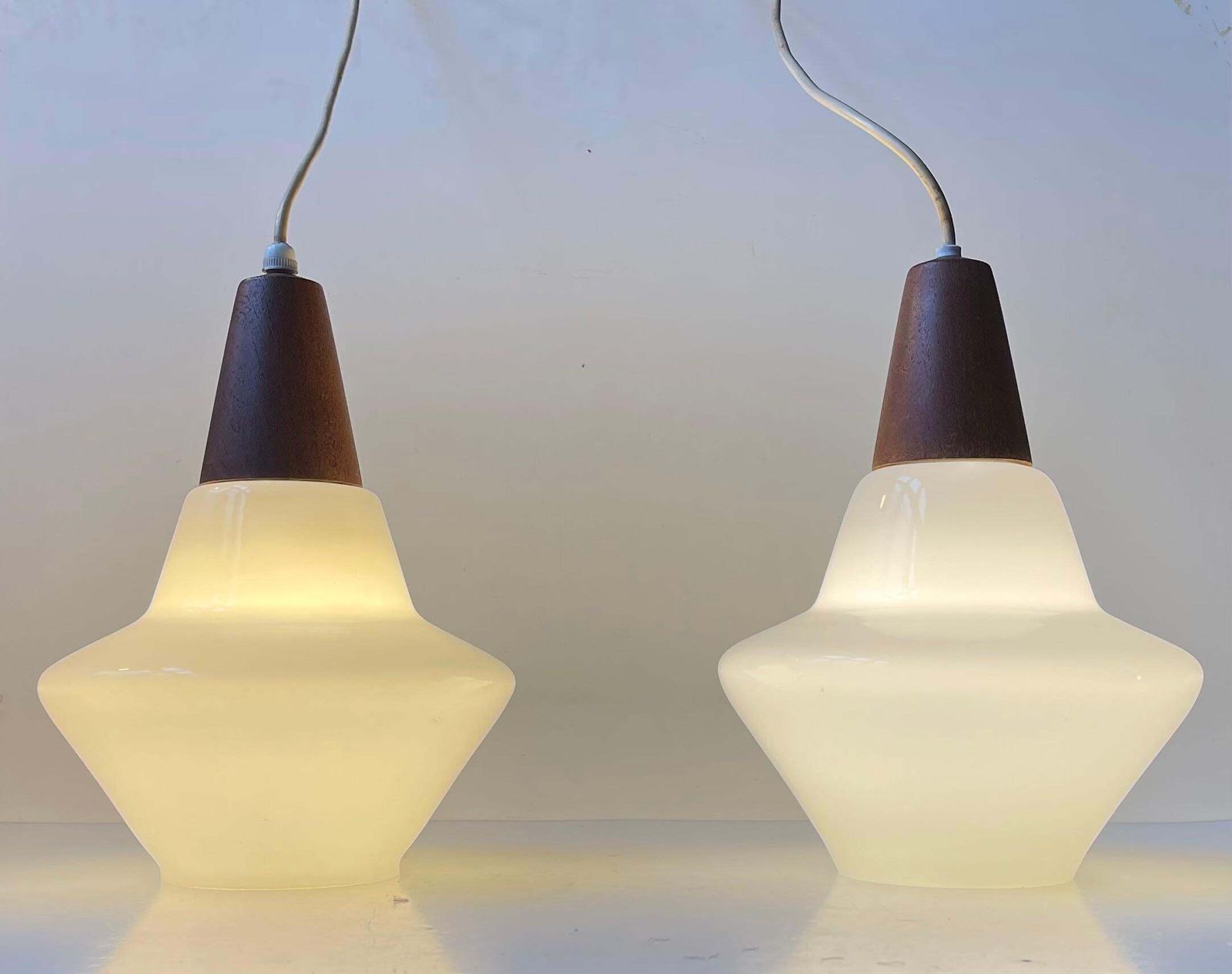 Danish Modern White Opaline Glass & Teak Pendant Lamps By Holmegaard, 1960s photo for sale