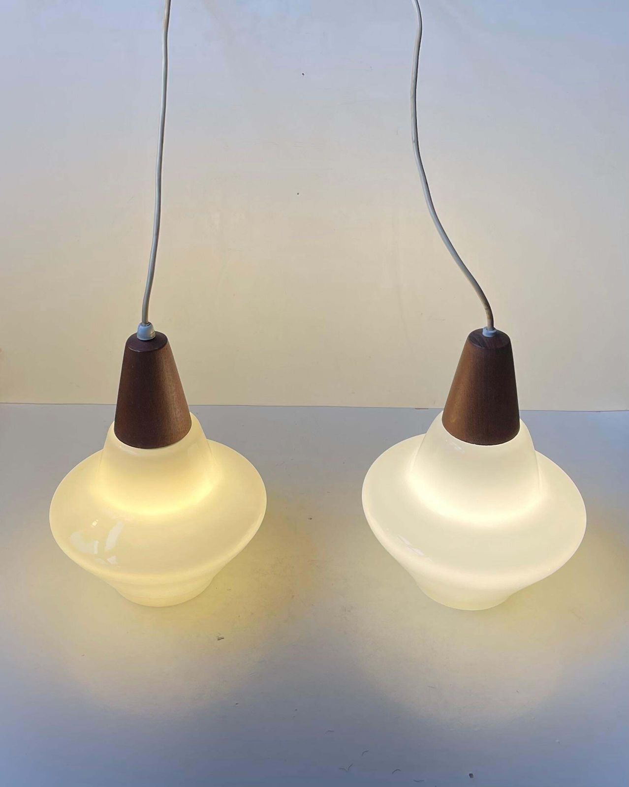 Danish Modern White Opaline Glass & Teak Pendant Lamps By Holmegaard, 1960s photo buy