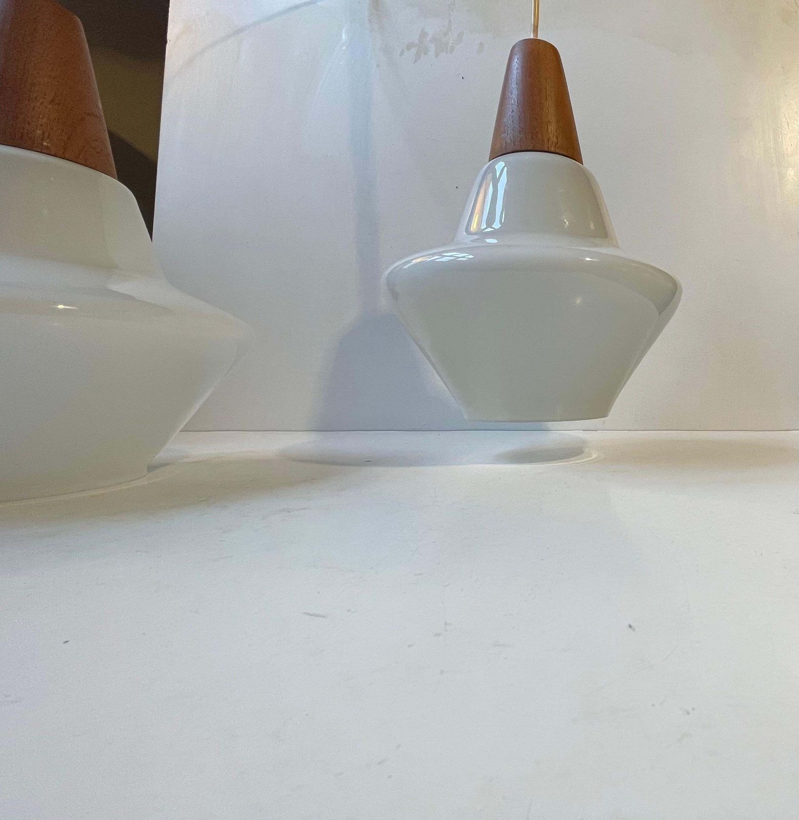 photo furniture Danish Modern White Opaline Glass & Teak Pendant Lamps By Holmegaard, 1960s