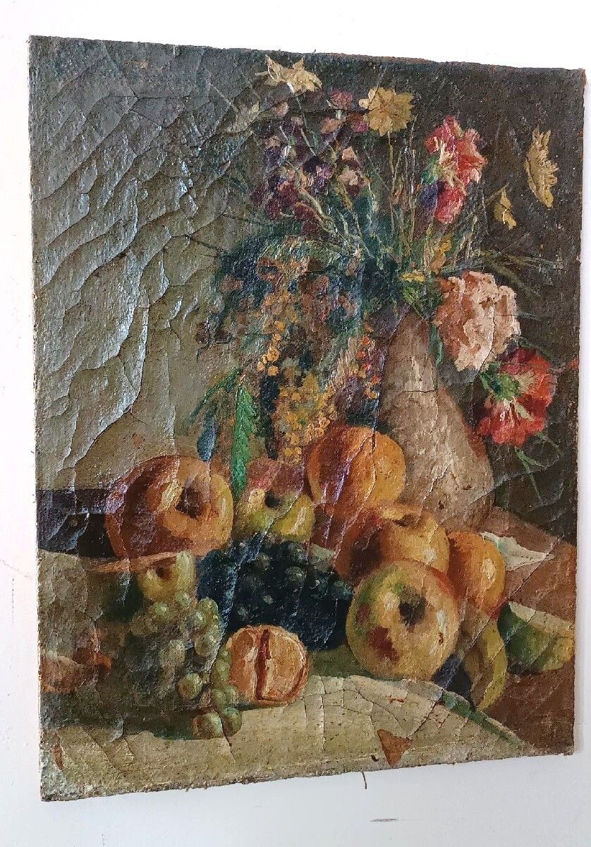 19th Century Oil Painting On Canvas Depicting A Vase Of Fruit With Flowers photo for sale