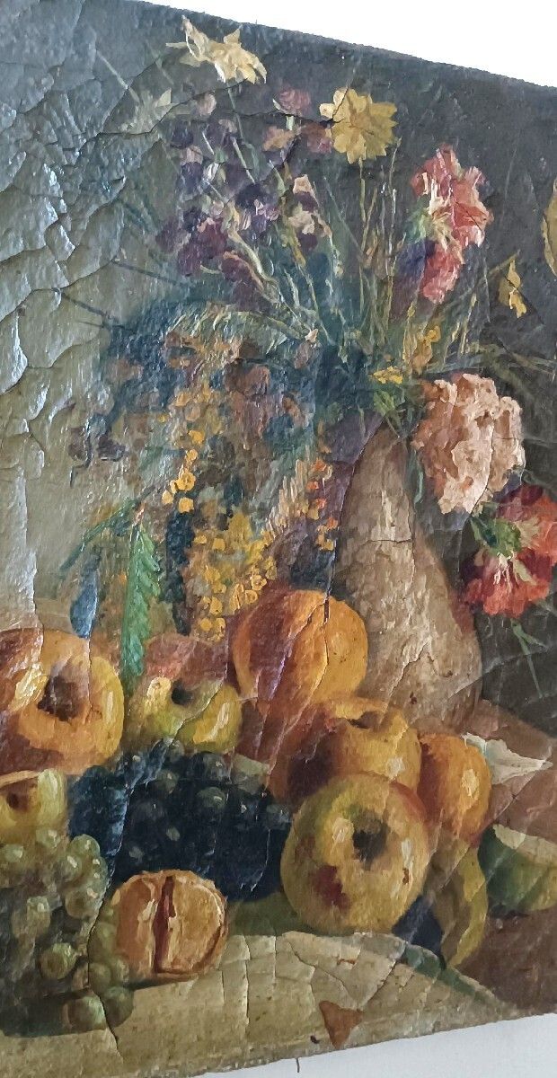 19th Century Oil Painting On Canvas Depicting A Vase Of Fruit With Flowers photo 408.0