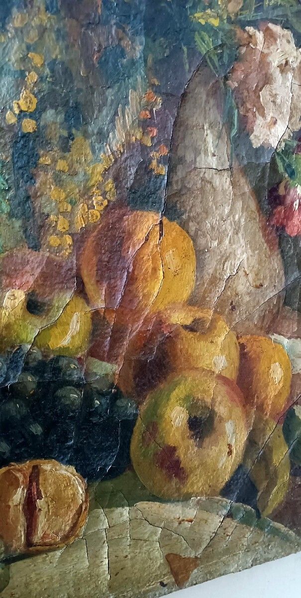 19th Century Oil Painting On Canvas Depicting A Vase Of Fruit With Flowers photo buy