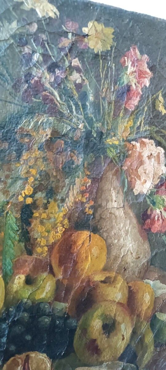 19th Century Oil Painting On Canvas Depicting A Vase Of Fruit With Flowers photo vintage