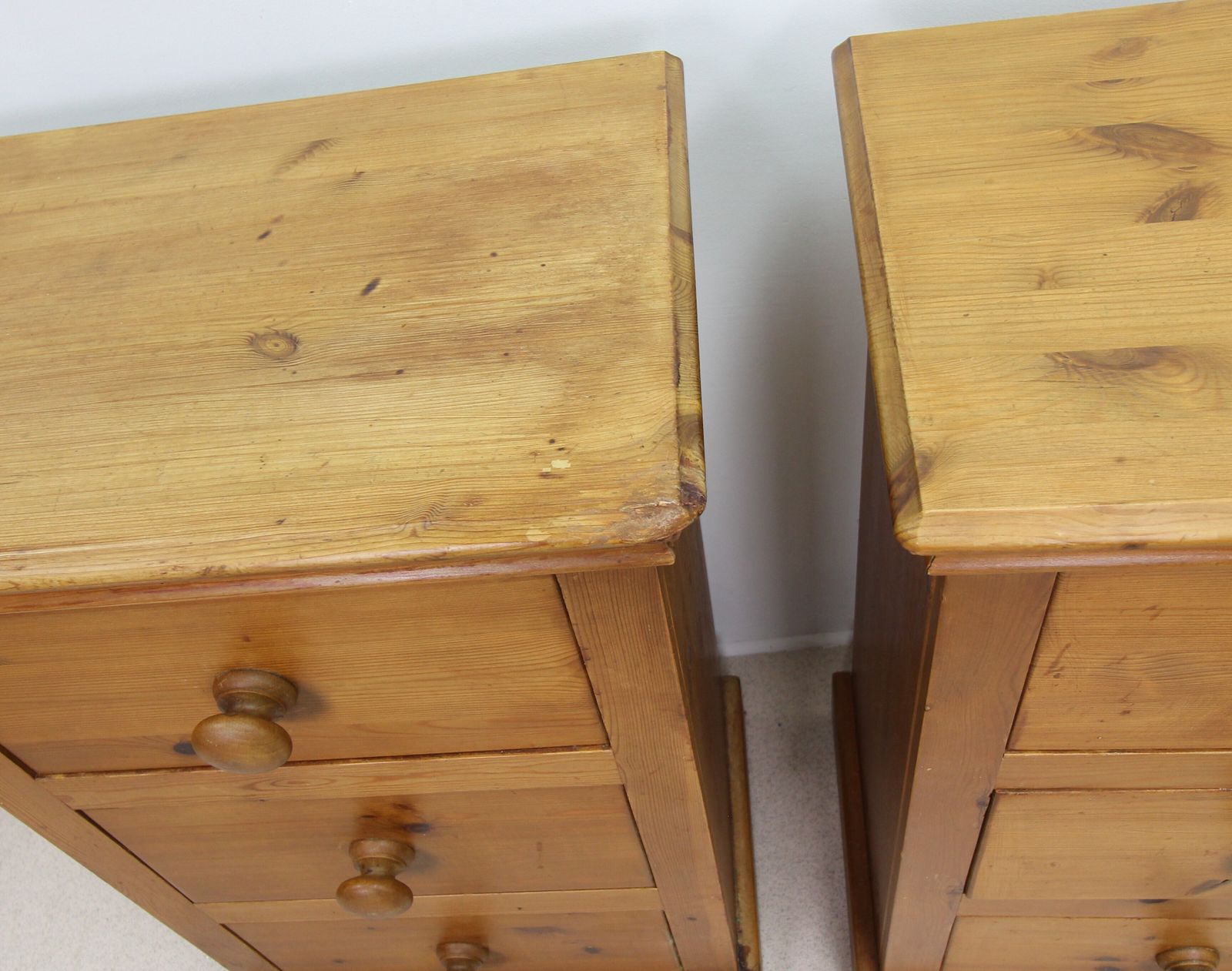 Matching Pair Of Vintage Solid Pine Narrow 3 Drawer Chest Of Drawers By Pinetum photo vinterior
