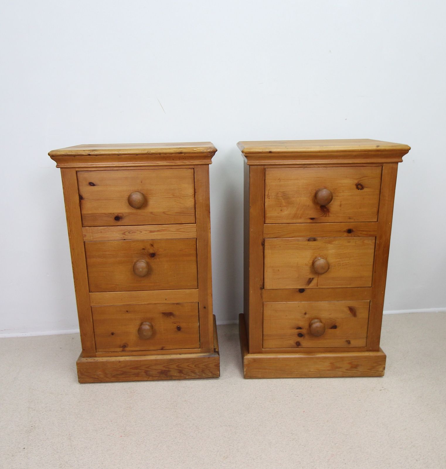 Matching Pair Of Vintage Solid Pine Narrow 3 Drawer Chest Of Drawers By Pinetum photo vintage