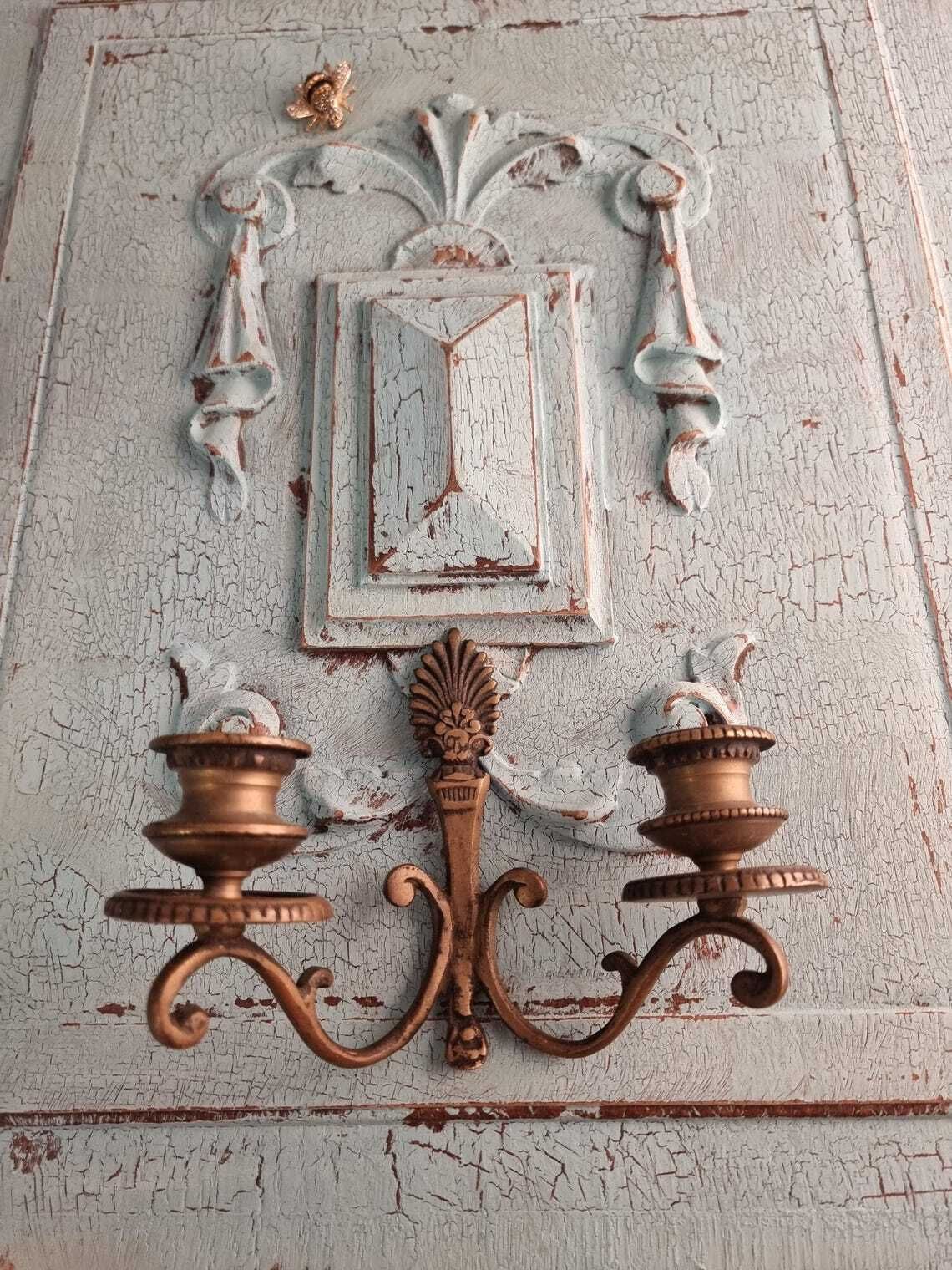 Vintage French Brass Candle Wall Sconces  Elegant Pair Of Two Arm Candle Holders photo furniture
