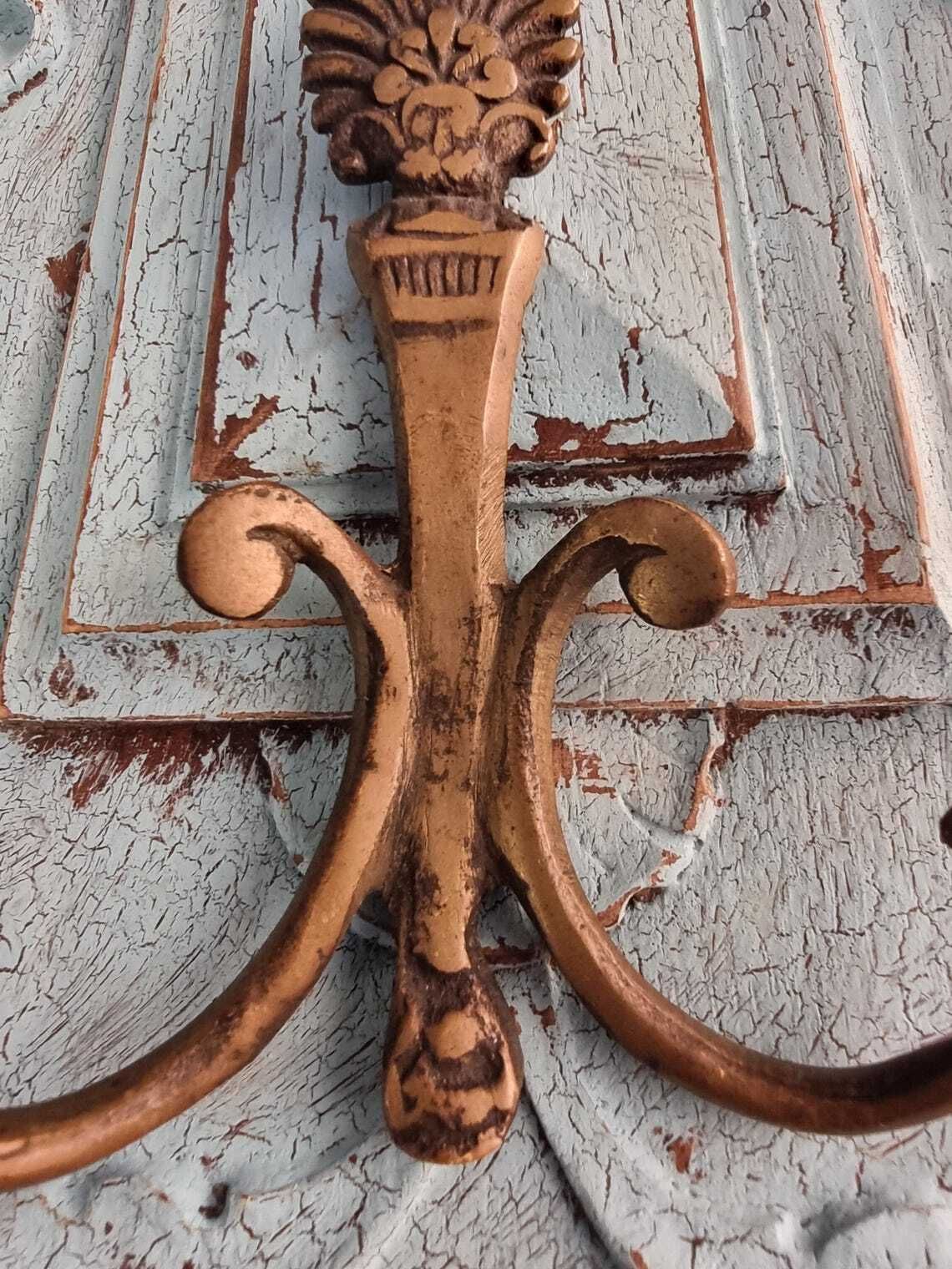 Vintage French Brass Candle Wall Sconces  Elegant Pair Of Two Arm Candle Holders photo vinterior