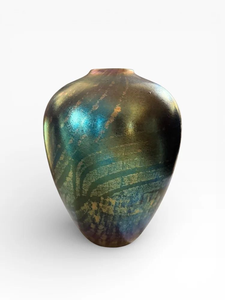 Peter Layton Studio Glass Vase  Signed And Dated 1988 Iridescent Oil Spot photo for sale